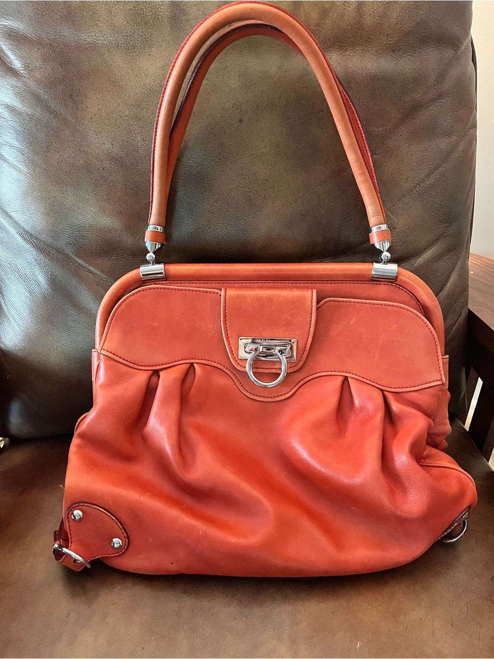 Salvatore Ferragamo Orange Leather Top-Handle Shoulder Bag
